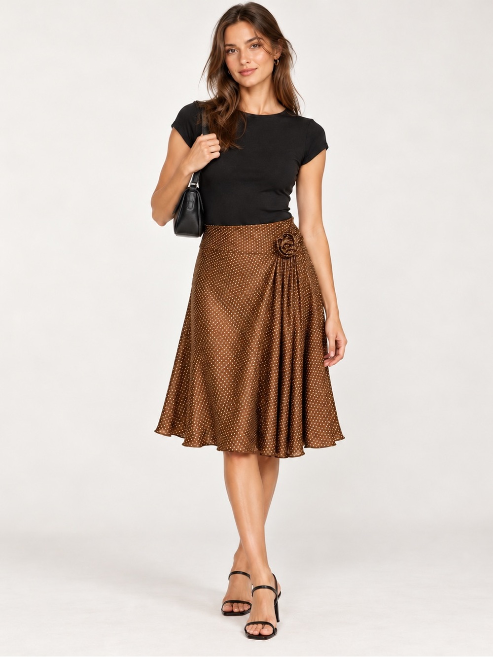 Vintage 90s David Brooks Silk Polka Dot Skirt 8 Brown Rosette Dark Romantic